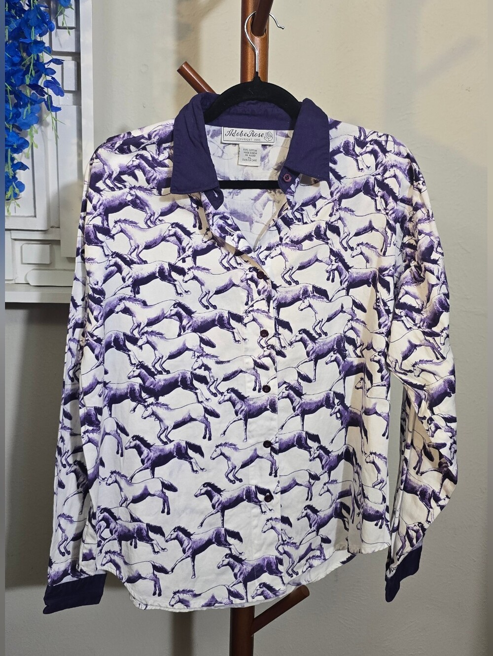 Adobe Rose 90s Purple Horse Print Button-Up Shirt  Sz XL